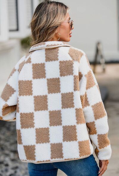 Elegant Checkered Snap Down Long Sleeve Teddy Jacket Soft & Warm Colorful Jacket Stevvex