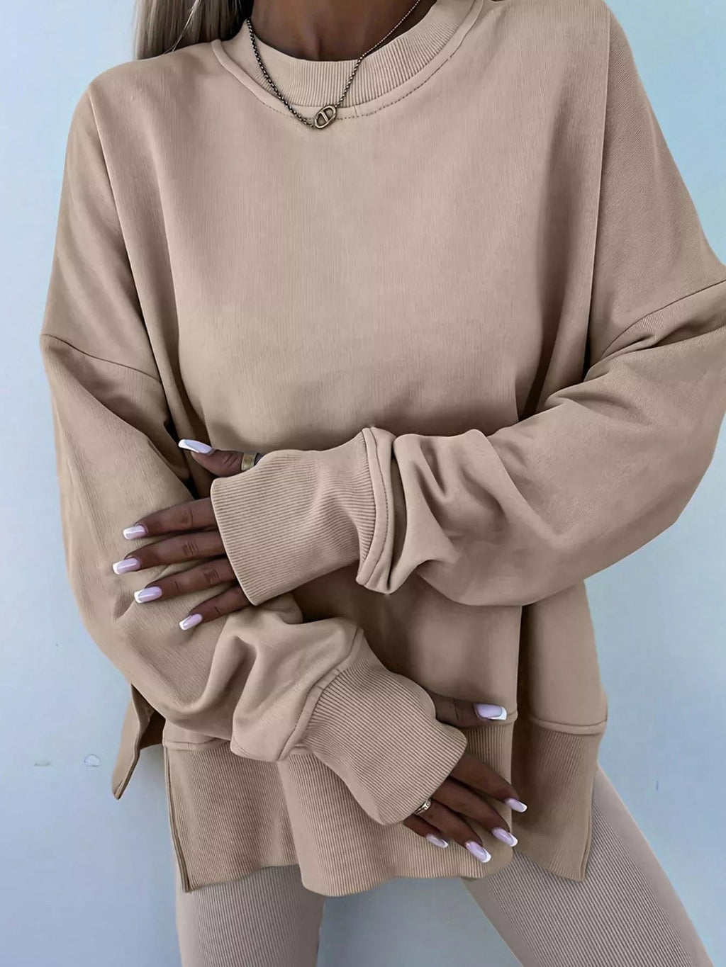 Oversized Slit Sweatshirt and Ribbed Leggings 2pcs Set THRIXINE