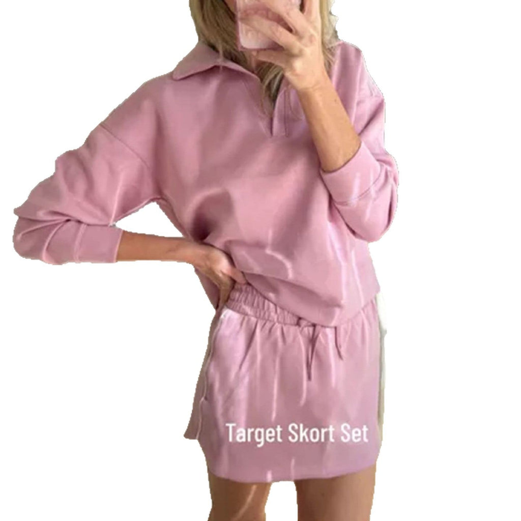Casual Sport Lapel Long Sleeve Top With Pocket Skirt Set Pi-Mart