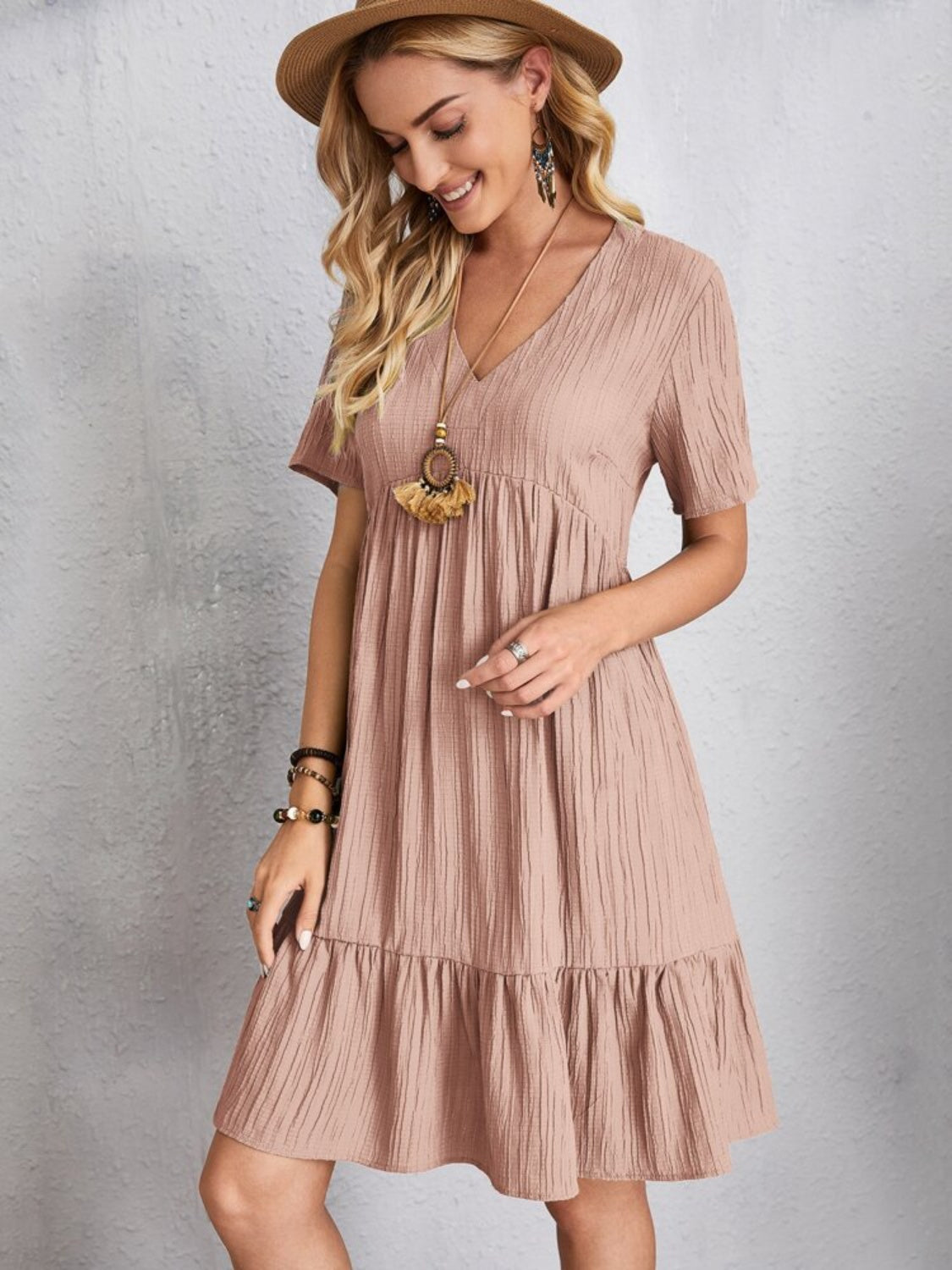 Classic Full Size V-Neck Short Sleeve Dress Casual & Comfortable Dress for Women Stevvex
