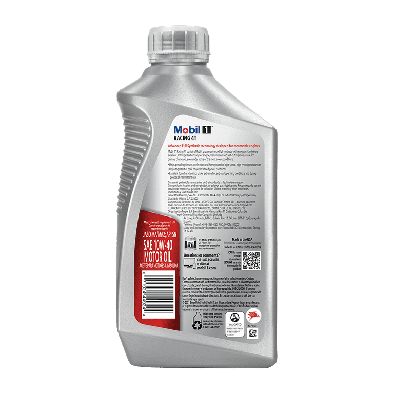 Mobil 1 Racing 4T Full Synthetic Motorcycle Oil 10W-40, 1 qt