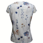 Ladies' Floral Print V-neck Button Casual Lace Patchwork Sleeve Fashionable Vacation Top Shirt - SJB-DIAMOND ELITES
