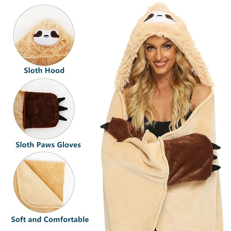 1pc Adorable Sloth Wearable Hooded Blanket - Ultra Soft, Cute, Warm, Fluffy, and Cozy - Perfect Gift for Women, 150x130cm, Highland Cow Design, Cat Pattern Lootquake LLC