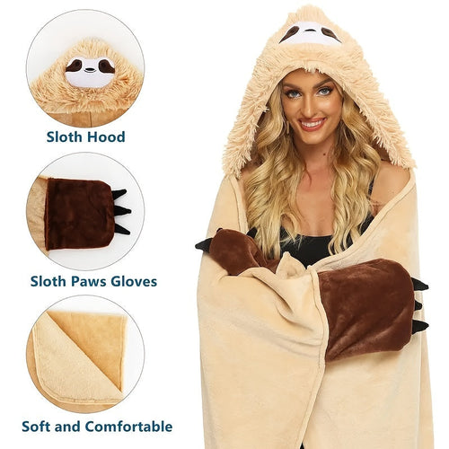 1pc Adorable Sloth Wearable Hooded Blanket - Ultra Soft, Cute, Warm, Fluffy, and Cozy - Perfect Gift for Women, 150x130cm, Highland Cow Design, Cat Pattern Lootquake LLC