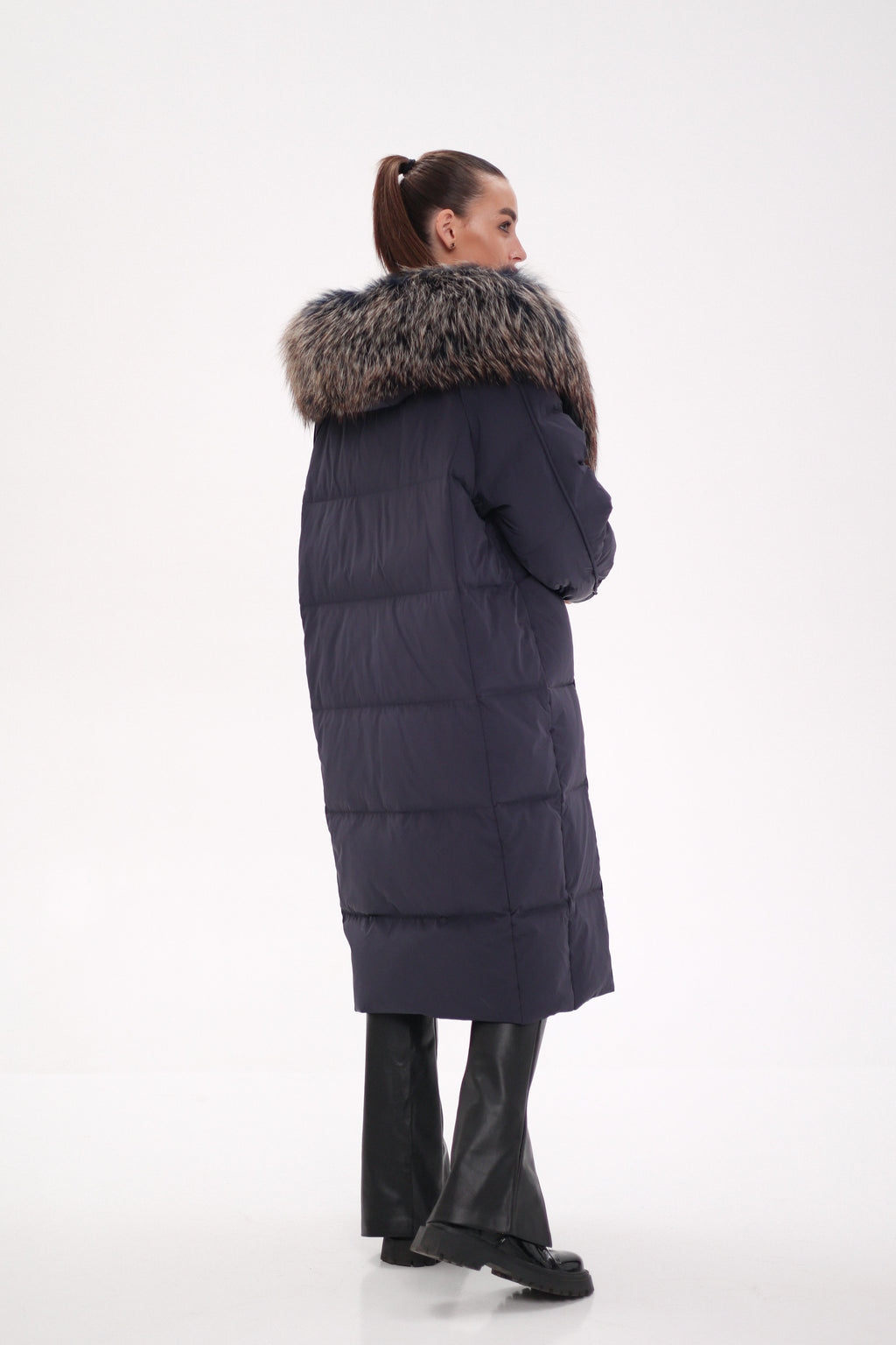 Rei Genuine Fur Trim Hooded Down Coat in Navy - SJB-DIAMOND ELITES