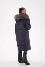 Rei Genuine Fur Trim Hooded Down Coat in Navy - SJB-DIAMOND ELITES