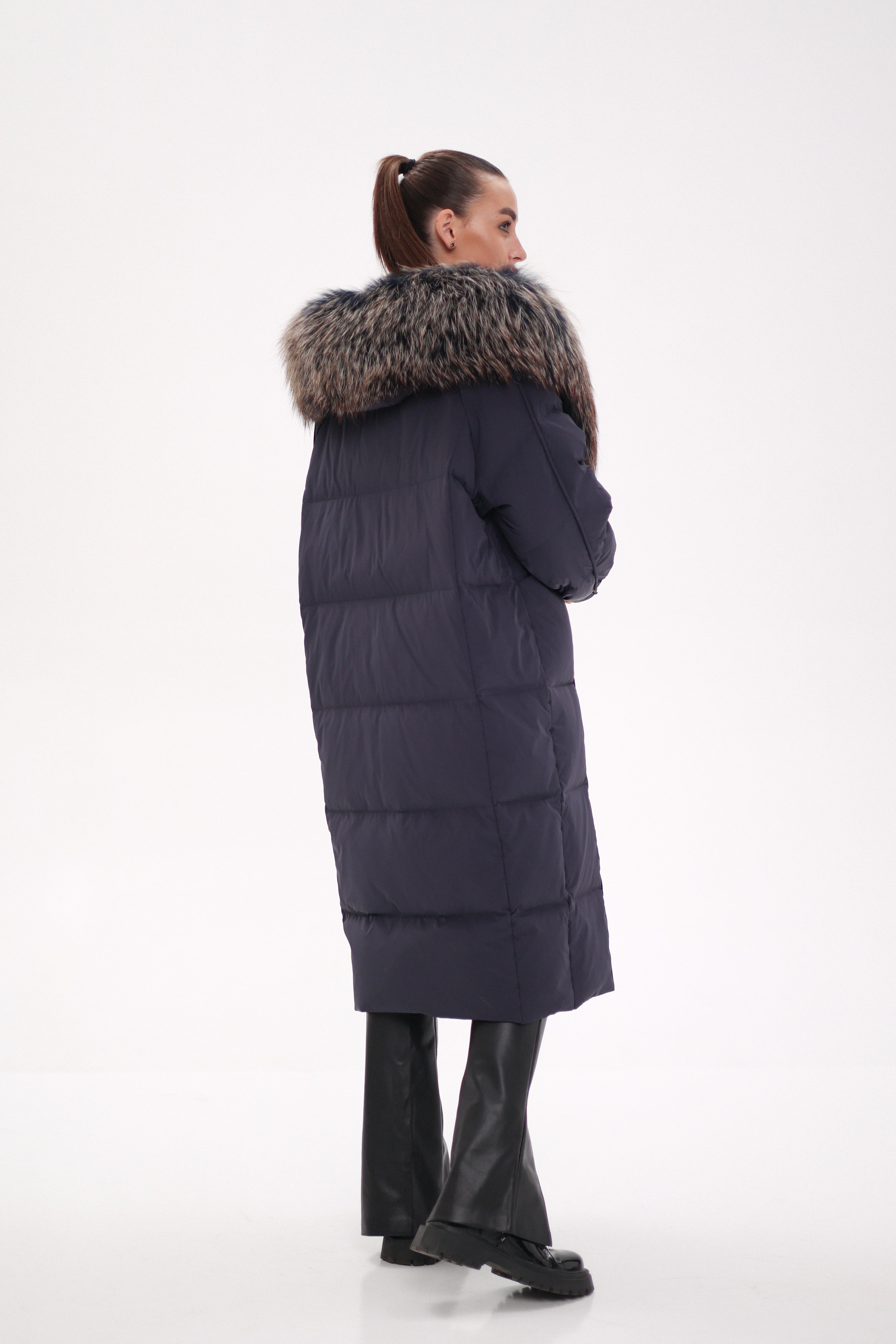 Rei Genuine Fur Trim Hooded Down Coat in Navy - SJB-DIAMOND ELITES