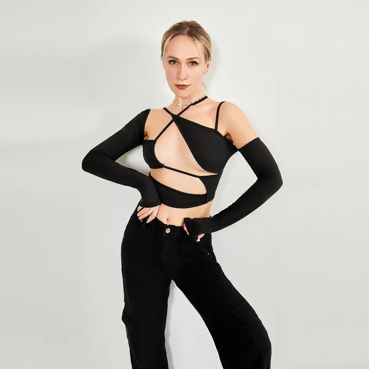 Long Sleeve Top Cut Out Asymmetrical Neck - SJB-DIAMOND ELITES
