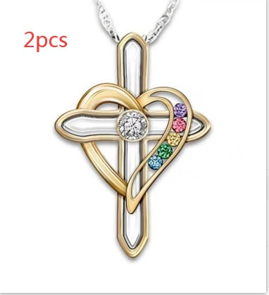 Cross Love Colorful Imitatio Gemstone Pendant Alloy Clavicle Chain Pi-Mart