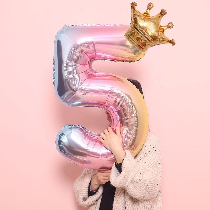 Luxury Gradient Modern 32inch Rainbow number Foil Balloons For Birthday party Decorations Kids Rose Ballons With Crown From 0-9 Numbers - SJB-DIAMOND ELITES