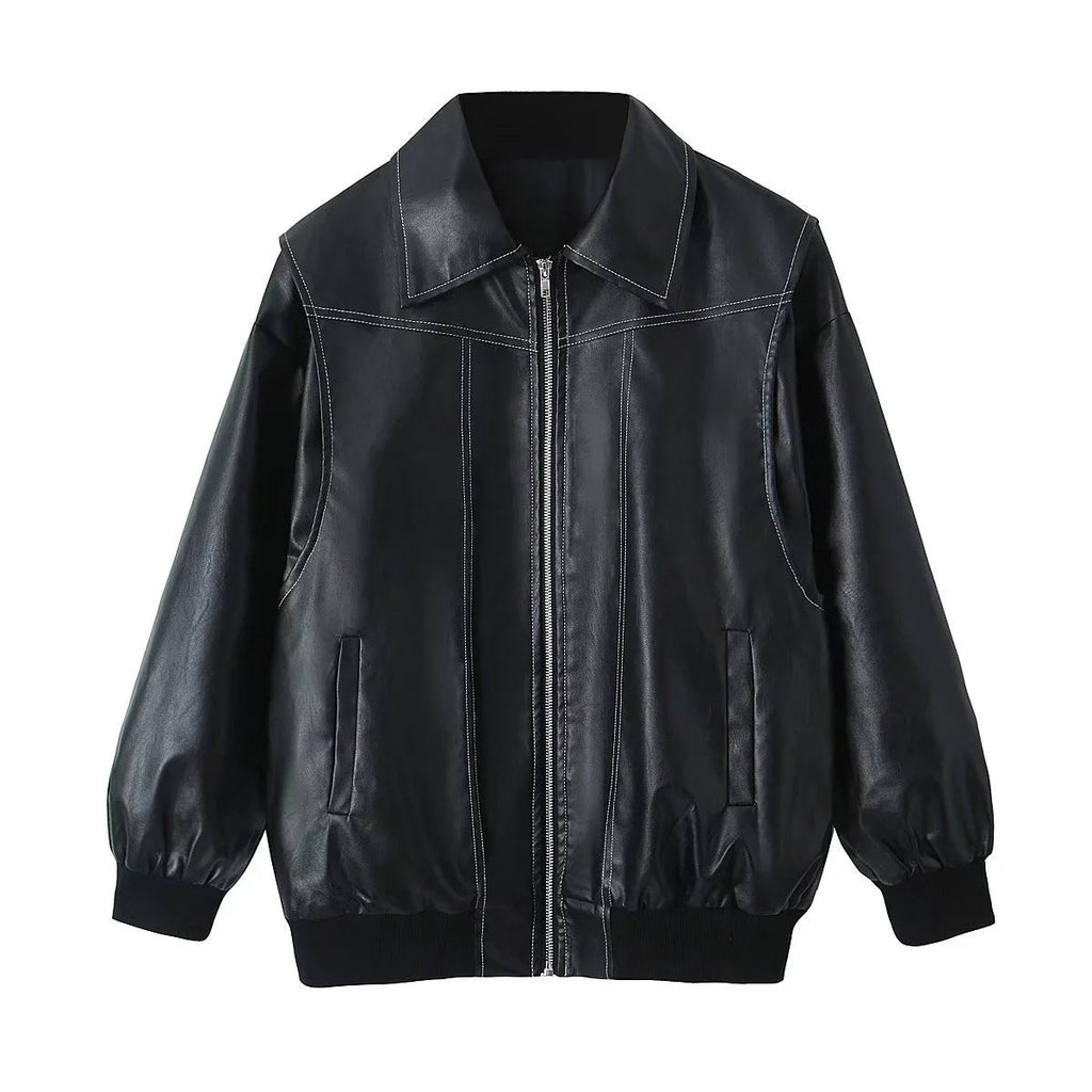 Loose Fashion Lapel Zip-up Jacket Cool Long Sleeve Zipper Closure Moto Biker Leather Jacket Womens Clothing Pi-Mart