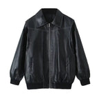Loose Fashion Lapel Zip-up Jacket Cool Long Sleeve Zipper Closure Moto Biker Leather Jacket Womens Clothing Pi-Mart