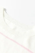 White Striped Half Sleeve Drop Shoulder Sweater
