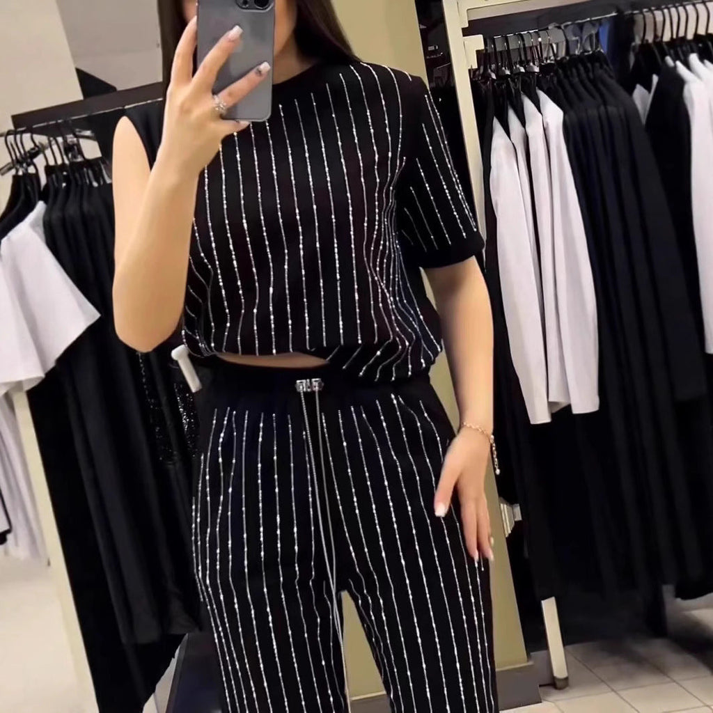 Vertical Striped Rhinestone Top Two-piece Set Pi-Mart