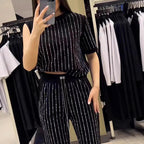 Vertical Striped Rhinestone Top Two-piece Set Pi-Mart