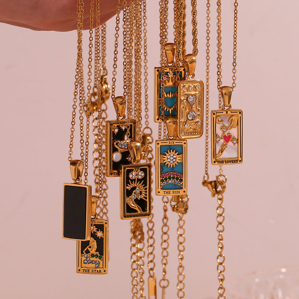 Fashion Tarot Necklace With Rhinestones Diamond Set Pendant Stainless Steel Rectangular Drip Necklace Jewelry Pi-Mart