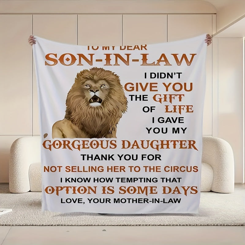 1pc Letter Flannel Blanket, To My Son-in-law Throw Blanket For All Season, Lion Pattern Warm Cozy Soft Blanket For Couch Bed Sofa Office Camping Lootquake LLC