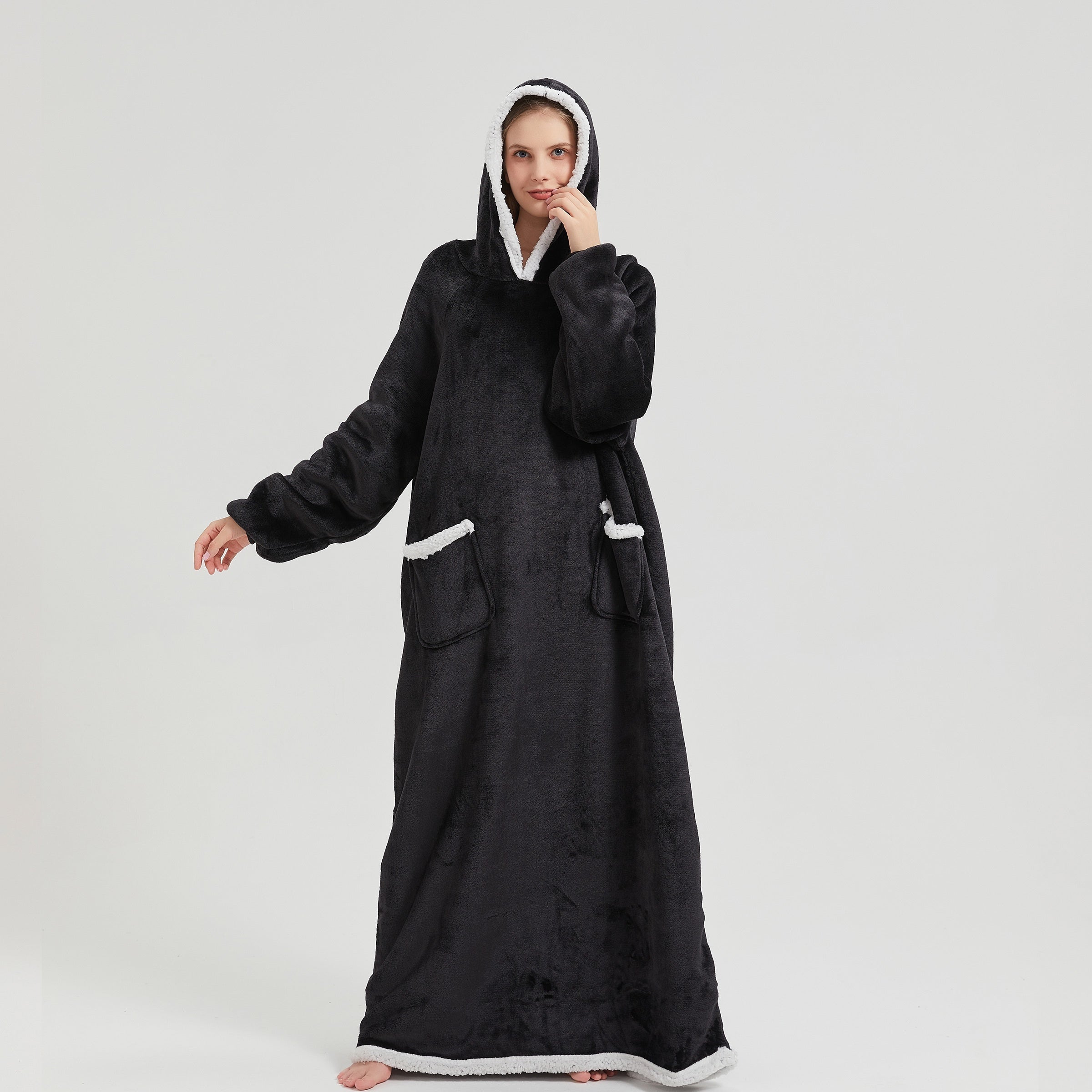 1pc Simple Solid Color Fleece Lazy Person Hooded Blanket Can Be Worn