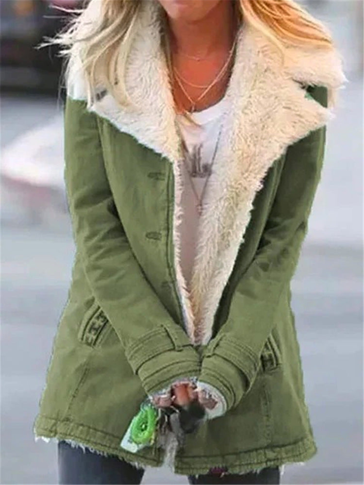 Women Plus Size Warm Coats Composite Plush Button Lapels Jacket Outwearcoat Pi-Mart