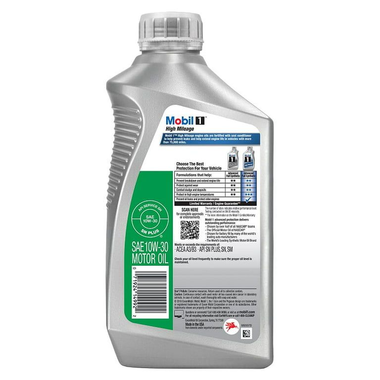 Mobil 1 High Mileage Full Synthetic Motor Oil 10W-30, 1 qt