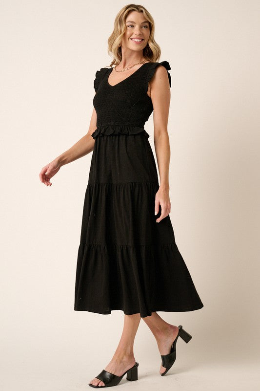 Smocked Ruffled Tiered Midi Dress – Feminine, Romantic, Flattering and Playful Design & Whimsical Style Stevvex