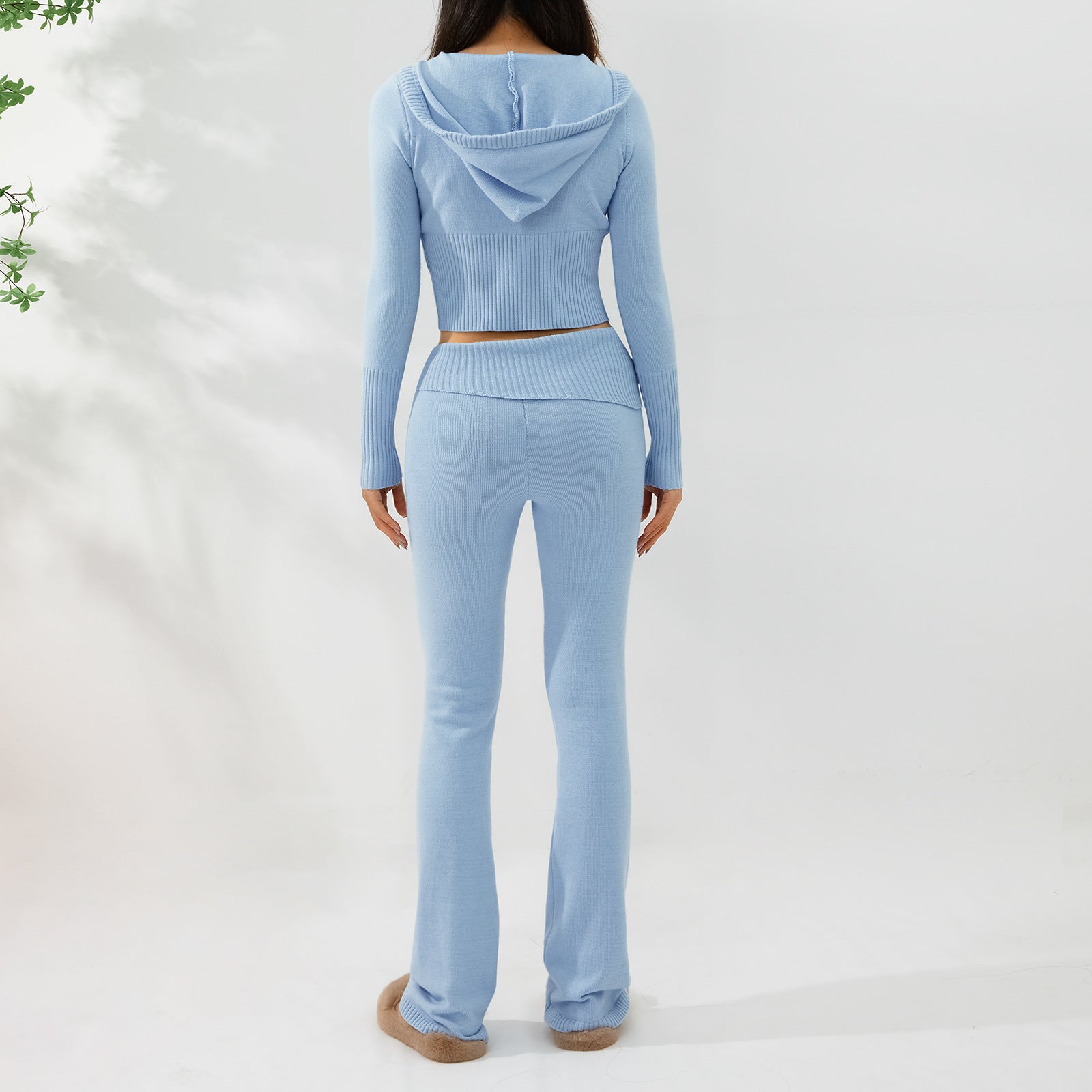 2pcs Knitted Hooded Suits Women's Long-sleeved Cardigan And High Waisted Trousers Clothing Pi-Mart