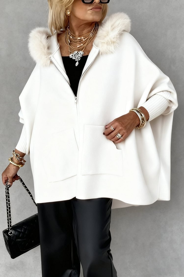 Women's Plush Hooded Cardigan - Batwing Sleeve Zip Up Knitted Jacket with Pockets