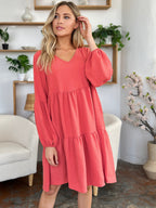 Light Green Double Take Full Size V-Neck Sleeve Tiered Dress with Pockets Elegant & Comfortable Casual Dress Stevvex