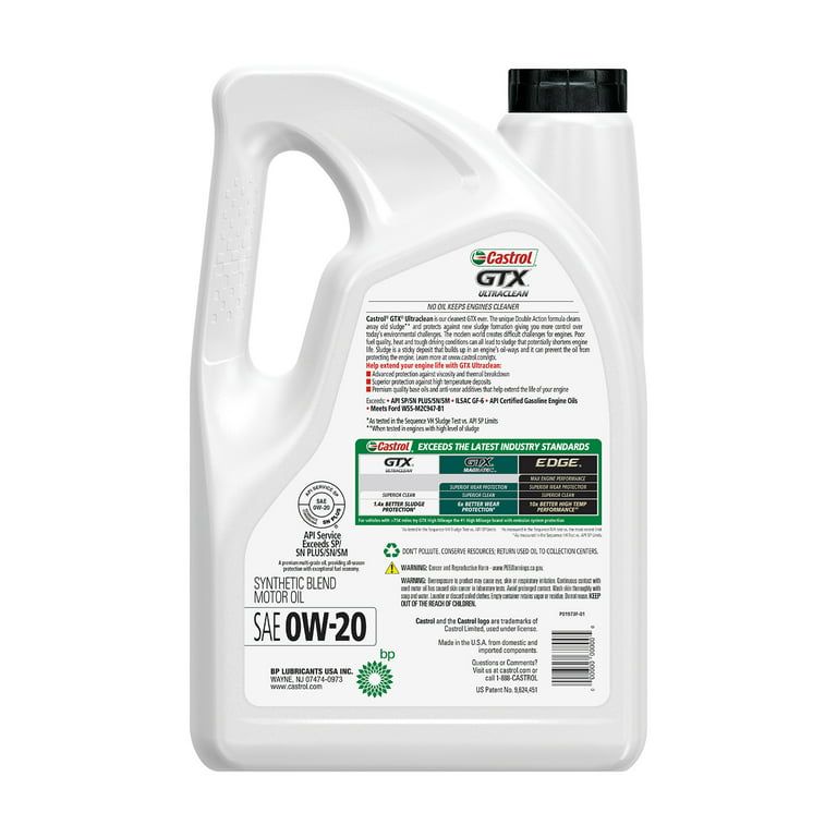Castrol GTX Ultraclean 0W-20 Synthetic Blend Motor Oil, 5 Quarts