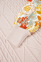 Parchment Cable Knit Ruffle Detail Contrast Floral Sleeve Patchwork Sweater