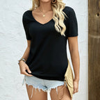 Women's Solid Color Deep V-neck Backless Lace Patchwork Loose T-shirt - SJB-DIAMOND ELITES