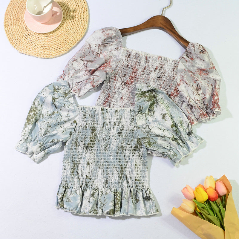 Slim Blouse French Style Tops Leaves Flower Print  Shirt women Elastic Body women's clothing official - SJB-DIAMOND ELITES