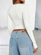Solid Color Round Neck Long Sleeve T-Shirt THRIXINE