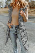 Dark Grey Hooded Long Quilted Vest Coat Lootquake LLC