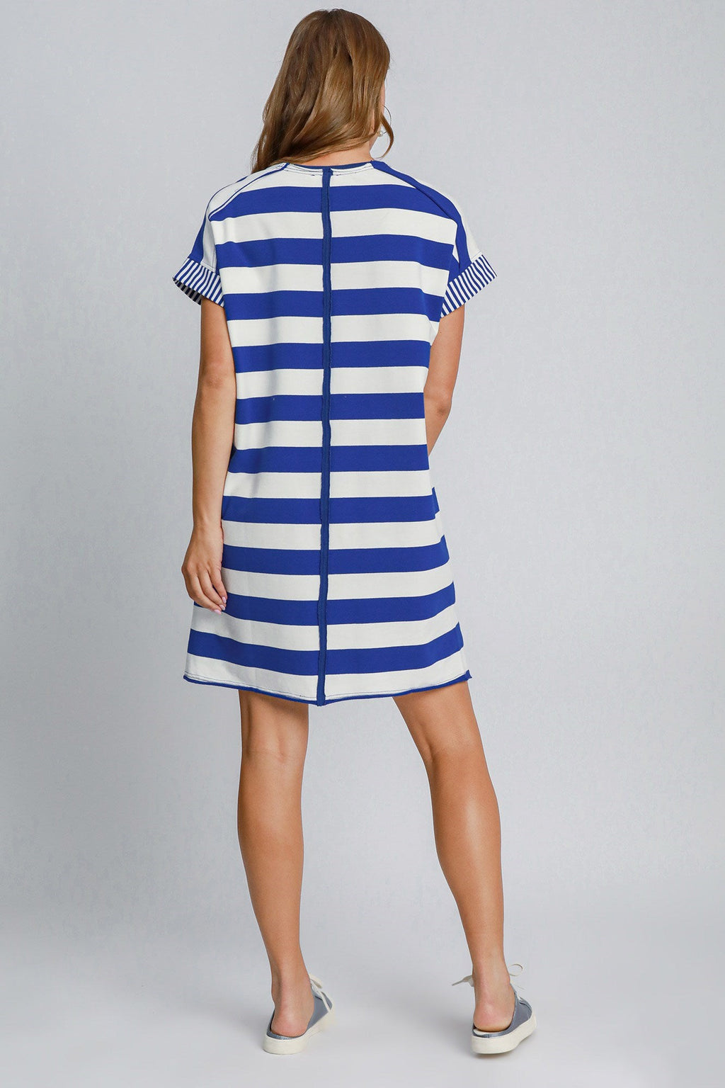 Peace Applique Striped Short Sleeve Mini Dress – Fun Peace Sign Detail, Striped Pattern, High-Low Design for a Trendy and Versatile Look Stevvex