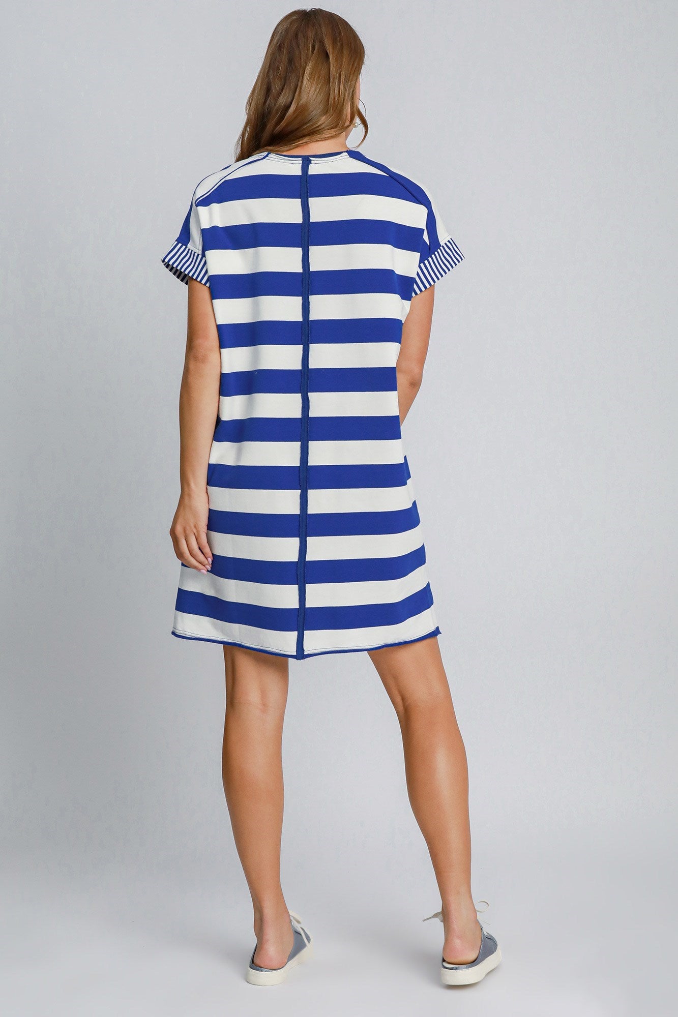 Peace Applique Striped Short Sleeve Mini Dress – Fun Peace Sign Detail, Striped Pattern, High-Low Design for a Trendy and Versatile Look Stevvex