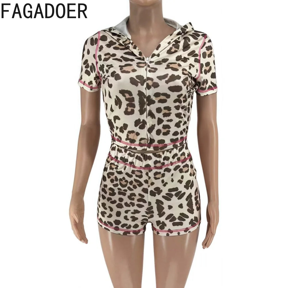 FAGADOER Sexy Leopard Contrast Letter Print Woman 2 Piece Set Outfit Short Sleeve Crop Jacket+Skinny Flare Pants Suit Streetwear Purplish Diva
