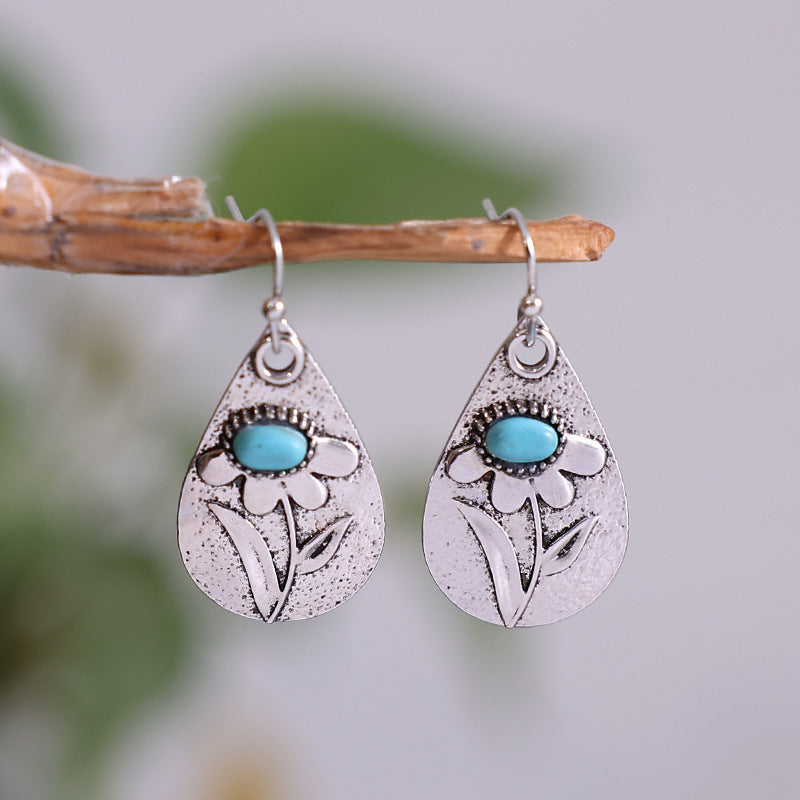 Alloy Carved Earrings Inlaid Turquoise Pi-Mart