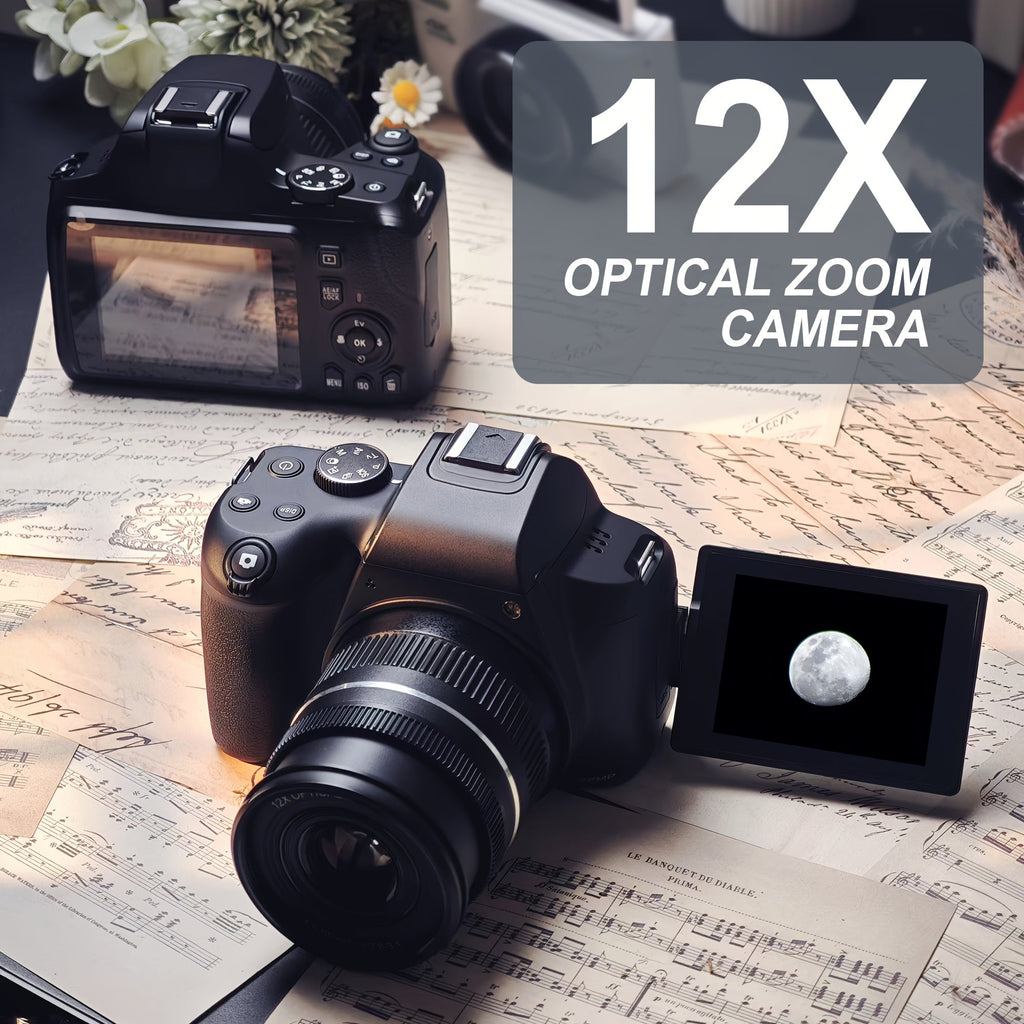 KOMERY W3 Digital Camera, 72MP And 12x Optical Zoom Autofocus Camera, Suitable For Photography And Video, 4K Video Blog Camera For YouTube, With 270° Flip Screen, Flash Light, WiFi Connection, 64GB SD Card, 2 Rechargeable Ba Lootquake LLC