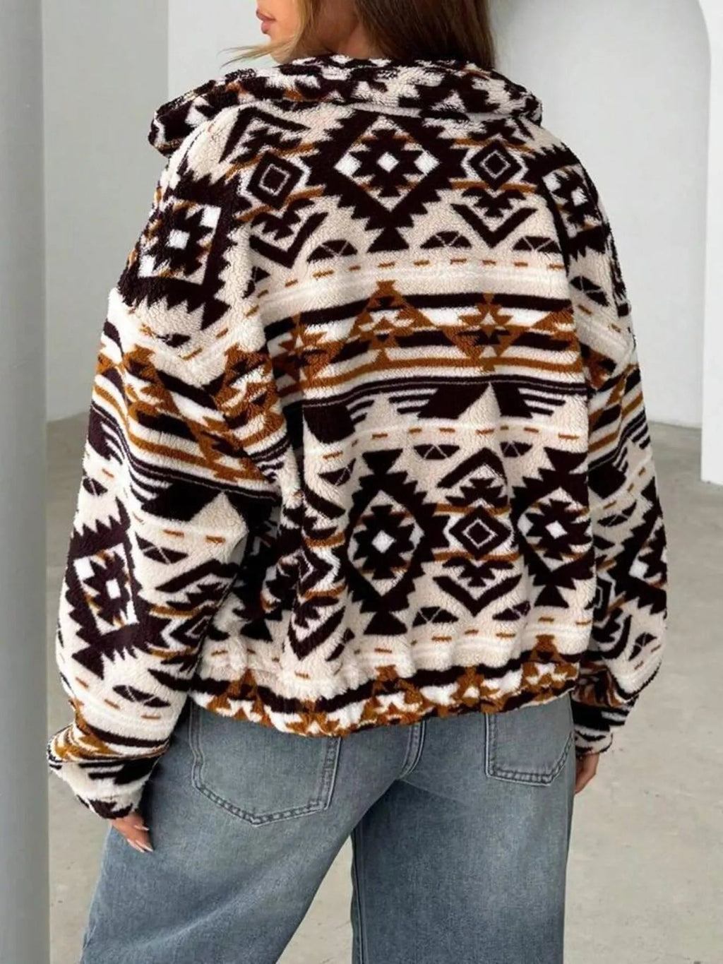 Geometric Fleece Zip-Up Jacket THRIXINE