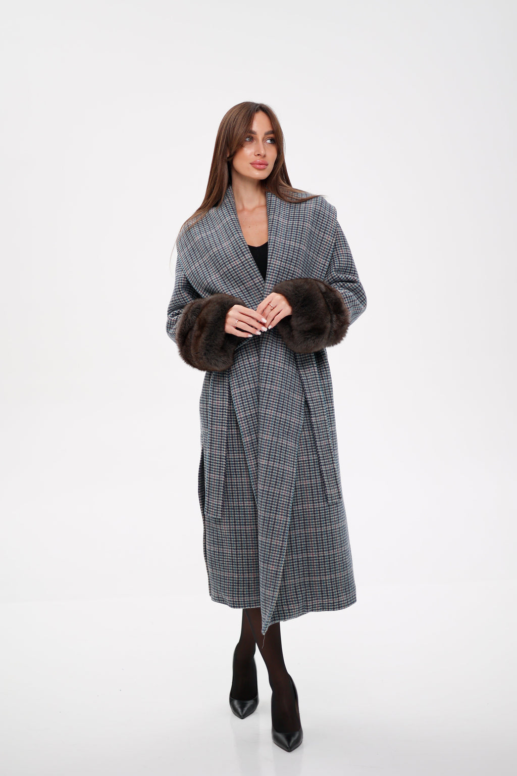Genuine Polar Fox Fur Virgin Wool Wrap Coat - SJB-DIAMOND ELITES