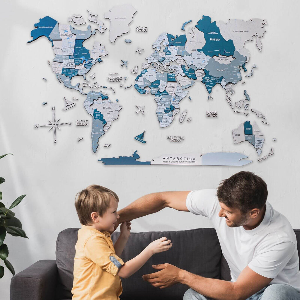 3D Luminous/Magnetic Colored Wooden World Map Aqua Enjoy The Wood