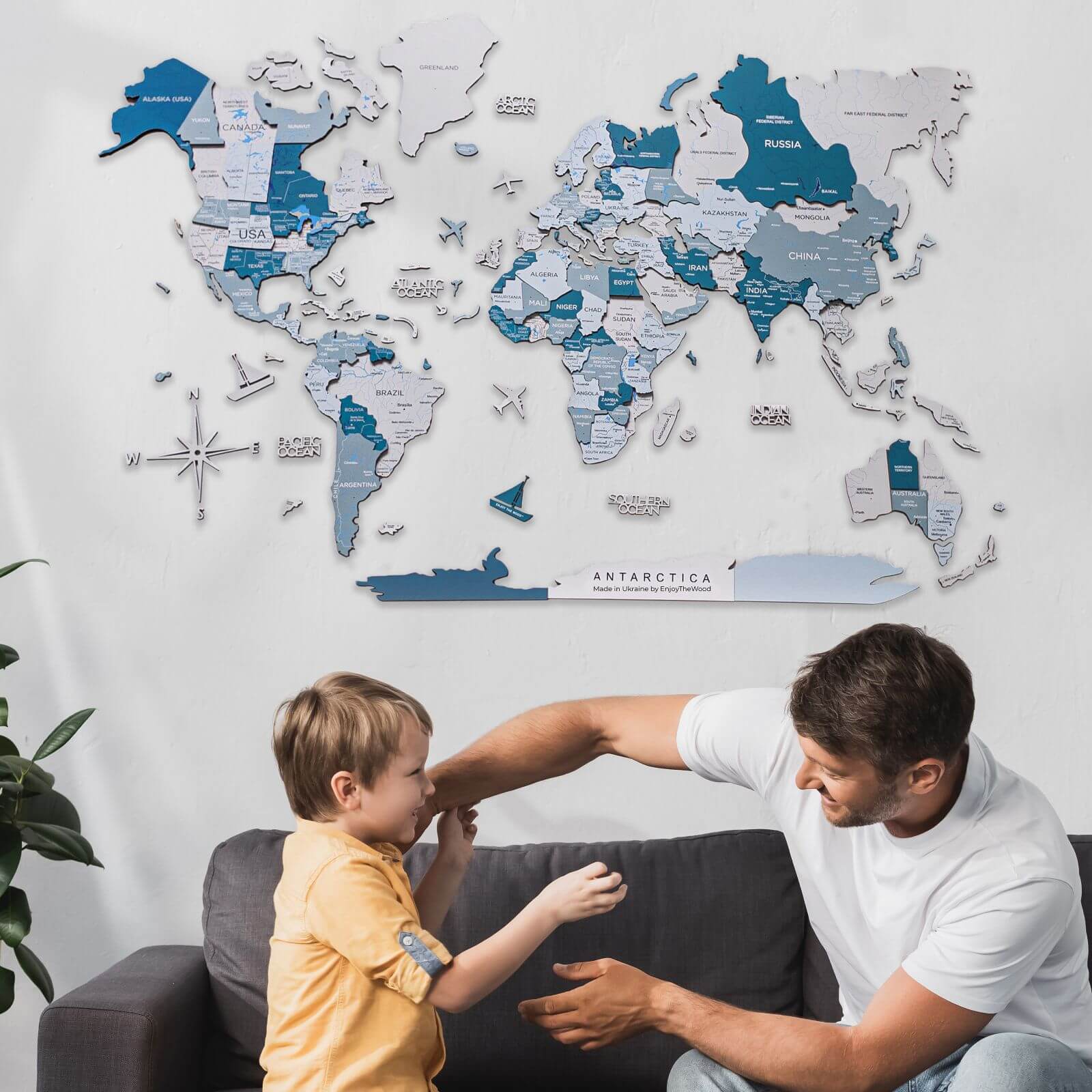 3D Luminous/Magnetic Colored Wooden World Map Aqua Enjoy The Wood