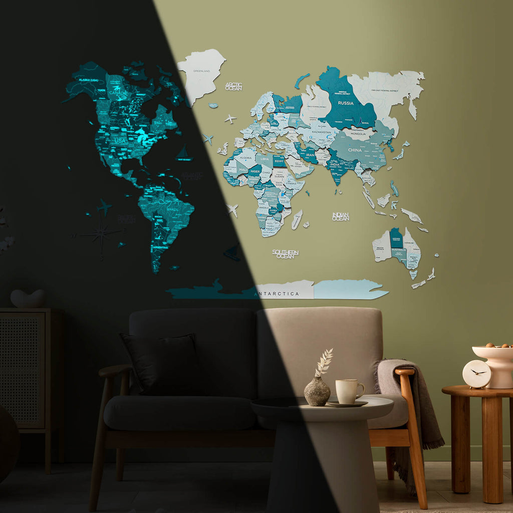 3D Luminous/Magnetic Colored Wooden World Map Aqua Enjoy The Wood