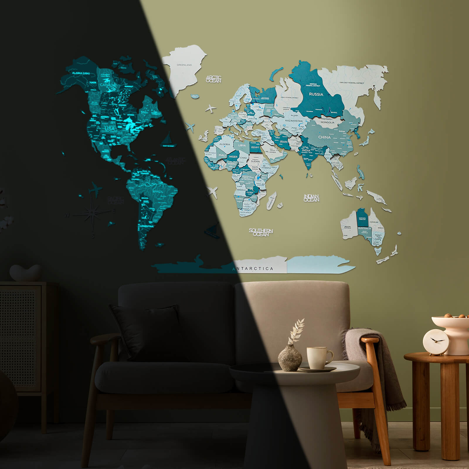 3D Luminous/Magnetic Colored Wooden World Map Aqua Enjoy The Wood