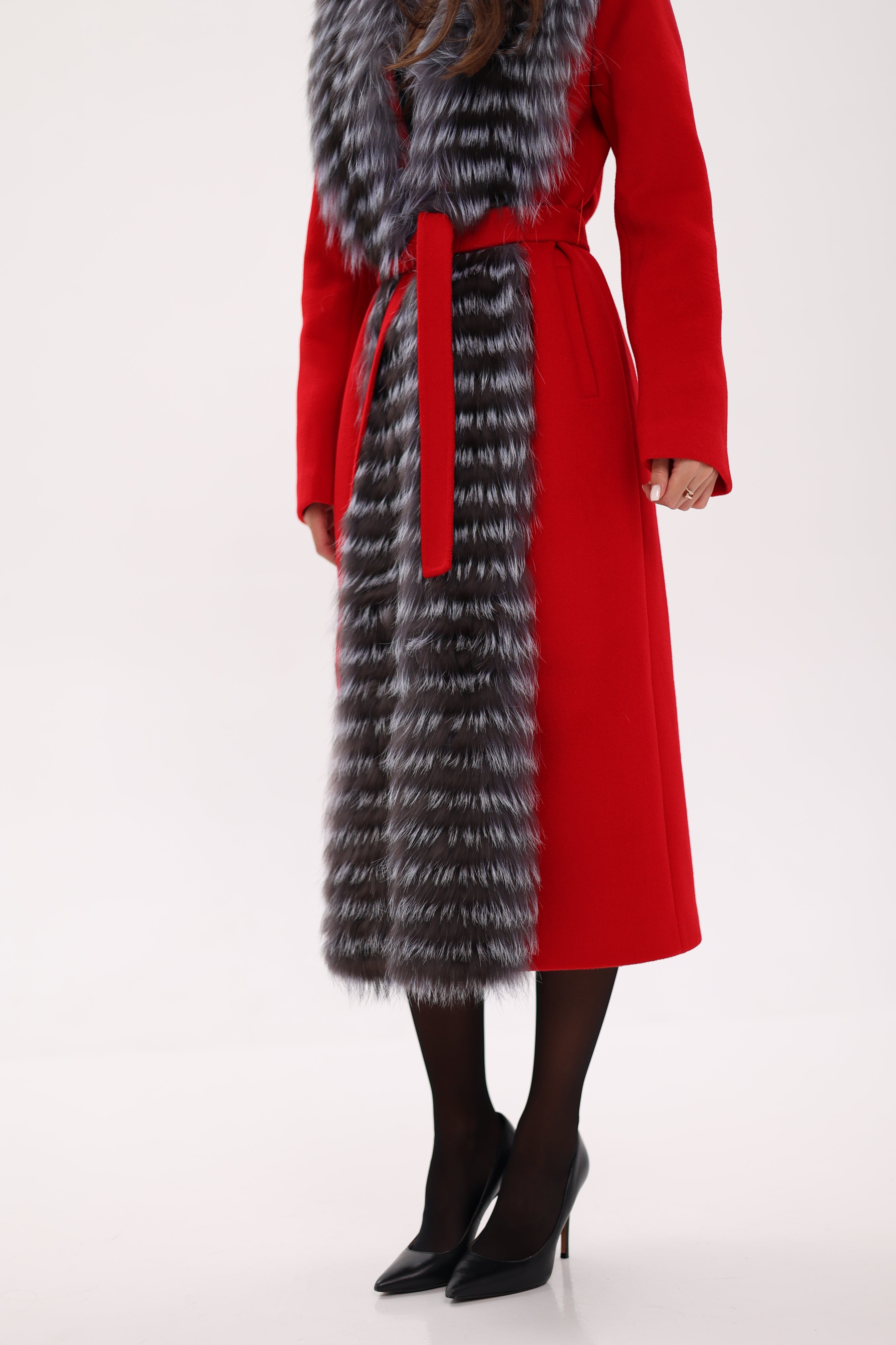 Genuine Silver Fox Virgin Wool Wrap Coat in Red - SJB-DIAMOND ELITES
