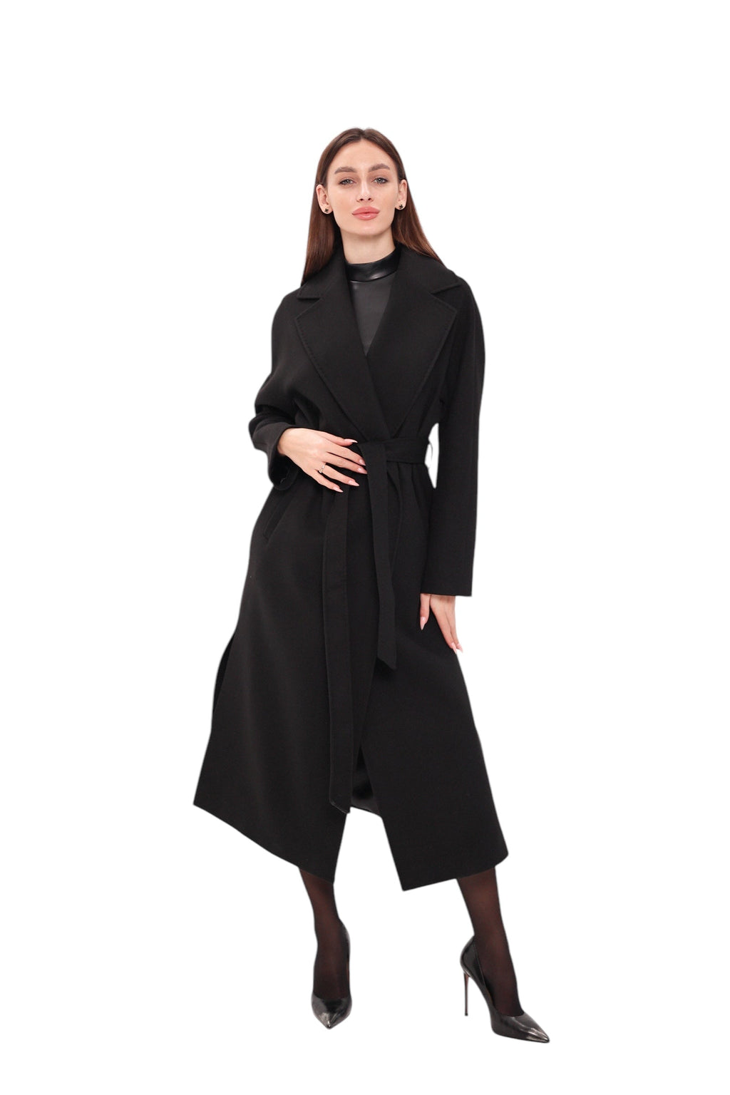 Pre-Order. Re-Stock Ships February 2026. Cambridge Comfort Wraparound Wool Cashmere Coat in Black