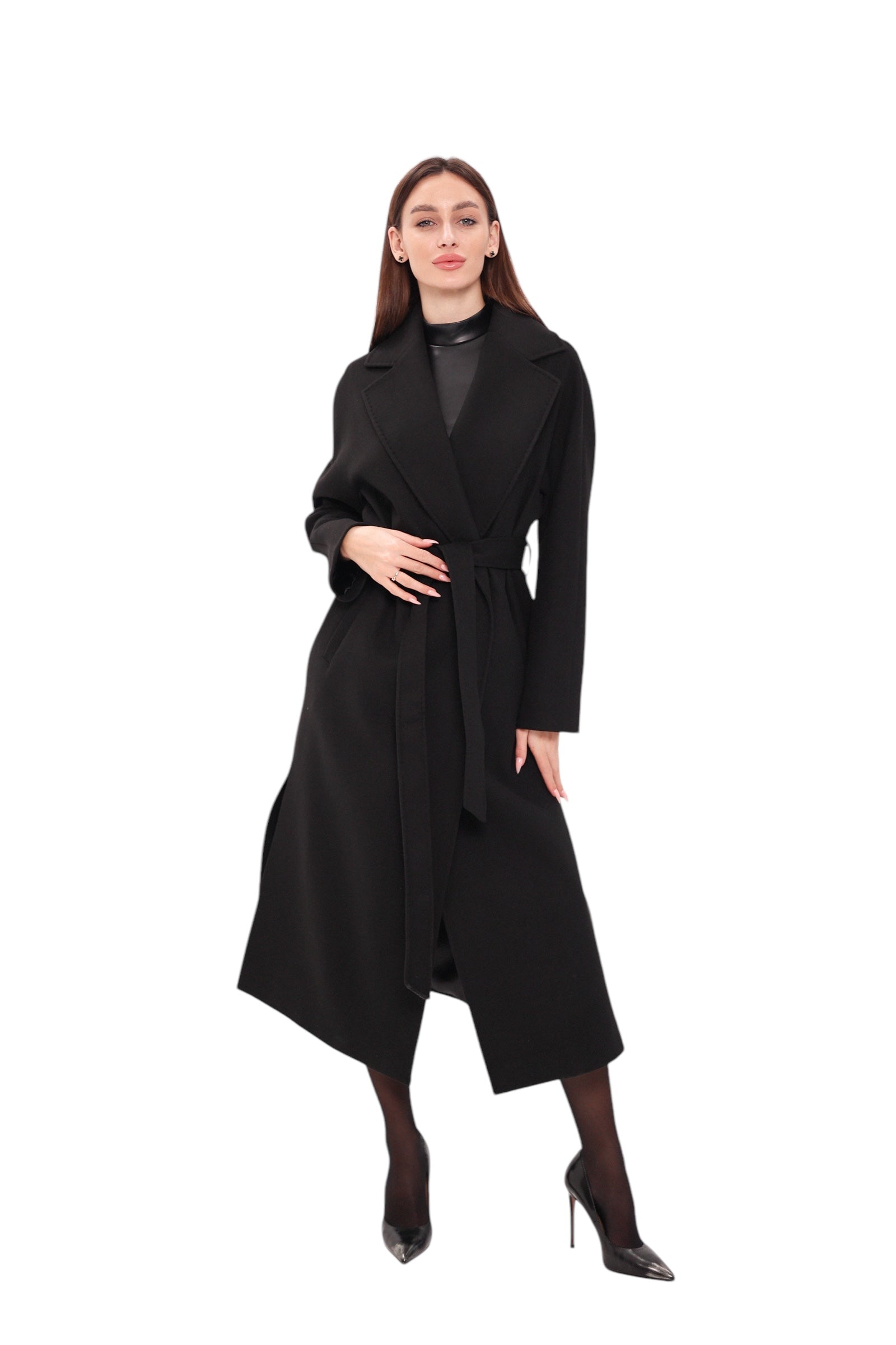 Pre-Order. Re-Stock Ships February 2026. Cambridge Comfort Wraparound Wool Cashmere Coat in Black