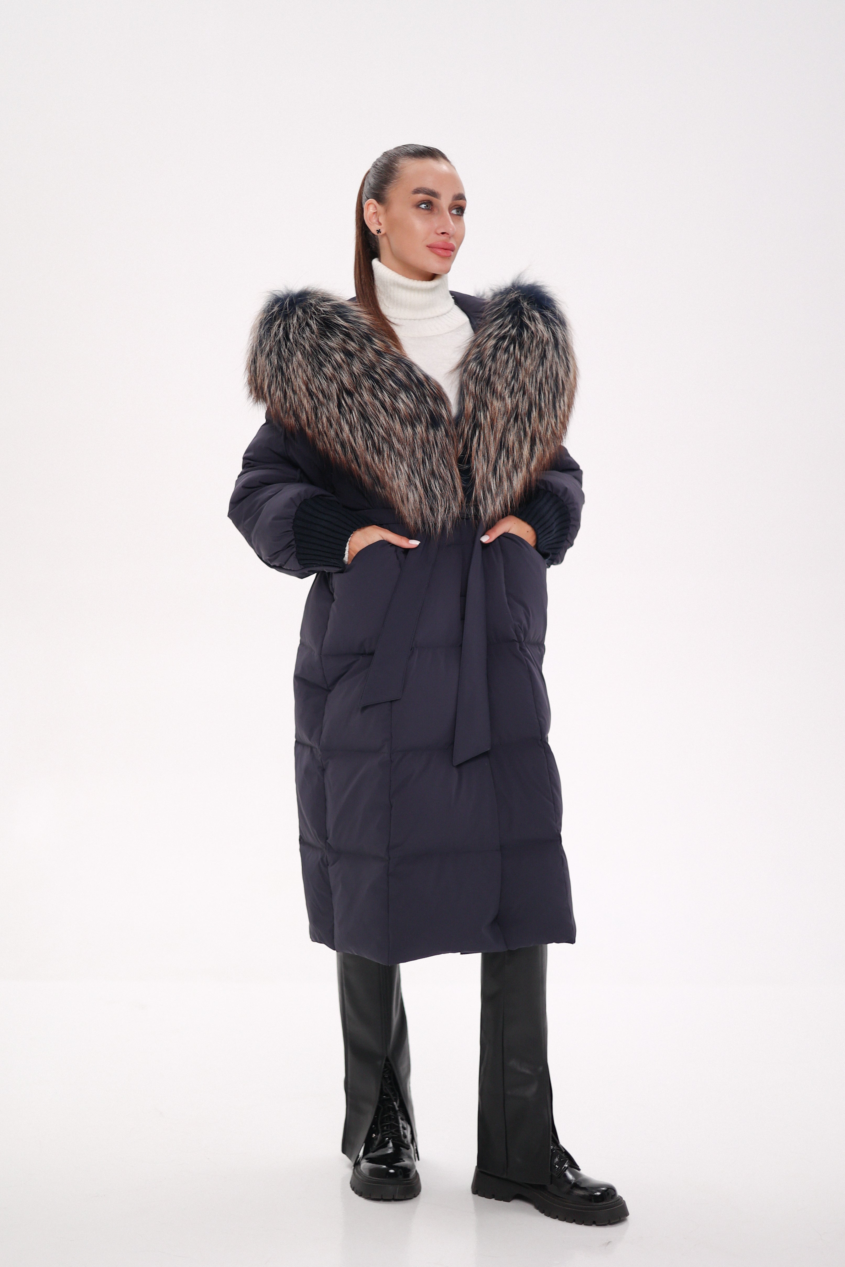 Rei Genuine Fur Trim Hooded Down Coat in Navy - SJB-DIAMOND ELITES