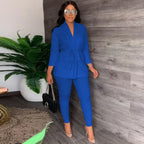 V-Neck Lace-up Shirt Tight Pants Set Pi-Mart
